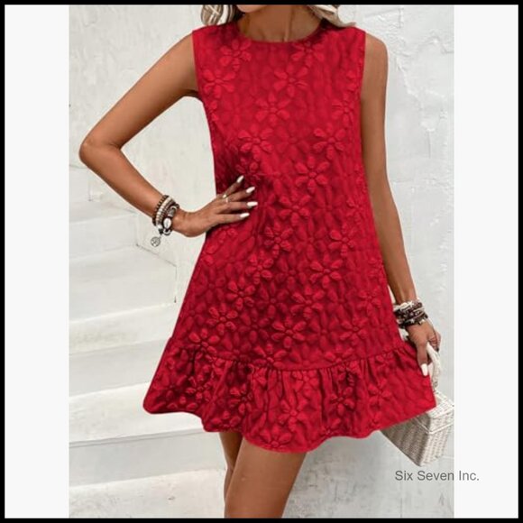 Ruffle Hem Sleeveless Tank Dress Casual Jacquard Smock Mini Dress - Picture 5 of 6